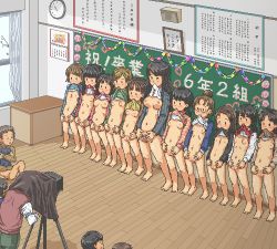 5boys 6+girls barefoot bellows_camera bottomless breasts camera chalkboard class_picture classroom cleft_of_venus clock clothes_lift feet flat_chest indoors jaggy_lines kasuga_(kasuga39) large_breasts lineup loli long_hair lowres mouth_hold multiple_boys multiple_girls nipples no_panties oekaki original penis photographic_proof presenting pubic_hair pussy school shirt_lift short_hair shota small_areolae small_breasts small_nipples spread_pussy teacher teacher_and_student toes wooden_floor zenra rating:Explicit score:437 user:danbooru