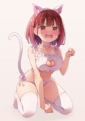 1girl amae_sasete_hinamori-san! angry animal_ear_fluff animal_ears arm_support bell black_choker blunt_bangs blush bra breasts cat_cutout choker cleavage_cutout clenched_hands clothing_cutout collarbone fake_animal_ears fang frilled_bra frills kneeling medium_breasts midriff neck_bell open_mouth panties paw_pose red_eyes red_hair short_hair side-tie_panties solo tail thighhighs thighs tsuke_(maholabo) underwear white_bra white_panties white_thighhighs rating:Sensitive score:18 user:danbooru