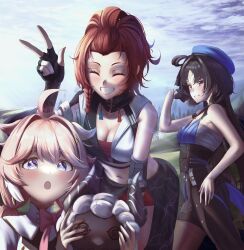 3girls :o absurdres ahoge arm_strap bangs_pinned_back bare_shoulders black_cape black_gloves black_hair black_shorts blue_eyes blue_hat blue_tassel blush bow bowtie braid breasts cape chest_sarashi chixia_(wuthering_waves) cleavage clothes_around_waist cloud cloudy_sky coat collarbone commentary crop_top cross-shaped_pupils day detached_sleeves dress elbow_pads encore_(wuthering_waves) facial_mark fingerless_gloves forehead_mark forehead_tattoo gloves grin hair_intakes half_gloves hand_on_own_hip hand_up hat high-waist_shorts highres holding holding_stuffed_toy long_hair looking_at_viewer low_twintails manjo_(warito) medium_breasts midriff multicolored_hair multiple_girls navel open_mouth outdoors pantyhose parted_bangs parted_lips pink_bow pink_bowtie pink_hair pink_pupils red_hair red_shorts sarashi shirt shirt_around_waist short_shorts shorts sidelocks single_bare_shoulder single_detached_sleeve single_elbow_pad single_glove single_half_glove sky smile standing stuffed_animal stuffed_sheep stuffed_toy symbol-only_commentary symbol-shaped_pupils tacet_mark_(wuthering_waves) teeth twintails v waist_cape white_coat white_dress wuthering_waves yangyang_(wuthering_waves)