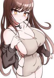 1girl bare_shoulders breasts brown_cardigan brown_dress brown_hair cardigan cleavage closed_mouth collarbone covered_navel dongtan_dress dress goddess_of_victory:_nikke hair_between_eyes jewelry large_breasts light_blush long_hair looking_at_viewer meme_attire necklace open_cardigan open_clothes orange_eyes rapi_(nikke) simple_background solo white_background yoonsun