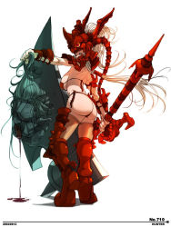  1girl armor ass axe bikini black_eyes blood breasts decapitation defeat falcoon hunter large_breasts long_hair monster solo swimsuit very_long_hair warrior weapon white_hair wide_hips  rating:Questionable score:25 user:fine_tax