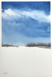  2others blue_sky cloud cloudy_sky day field forest highres horizon mouen_tw multiple_others nature original painting_(medium) sky snow traditional_media watercolor_(medium) 