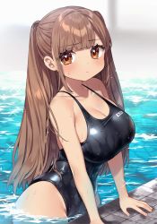 1girl bare_arms bare_shoulders black_one-piece_swimsuit blunt_bangs blush breasts brown_eyes brown_hair cleavage closed_mouth collarbone commentary_request cowboy_shot highres kodama_(sakura_yuki) large_breasts long_hair looking_at_viewer one-piece_swimsuit original ponytail sakura_yuki_(clochette) sidelocks solo standing swimsuit very_long_hair wading water wet wet_clothes wet_swimsuit rating:Sensitive score:63 user:danbooru
