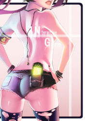  1girl armband ass back black_thighhighs bracelet breasts brown_hair denim denim_shorts earphones fiodo from_behind game_console handheld_game_console hands_on_own_hips head_out_of_frame jewelry long_hair looking_back medium_breasts nail_polish open_mouth original playstation_portable short_shorts shorts skindentation smile solo standing thighhighs topless torn_clothes torn_thighhighs  rating:Questionable score:59 user:danbooru