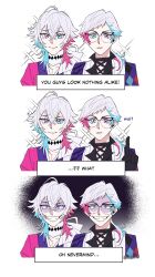  2boys aura bettel_2_(gavis_bettel) bishounen blue_eyes brothers closed_mouth commentary dark_aura english_commentary english_text evil_grin evil_smile eyelashes gavis_bettel glasses grey_hair grin hair_between_eyes highres holostars holostars_english ibisiro long_eyelashes looking_at_viewer low_ponytail male_focus medium_hair multicolored_hair multiple_boys pink_hair pink_lips scarf siblings smile sparkle teeth twins upper_body virtual_youtuber white_background white_scarf 