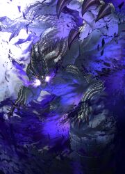  claws creature dragon dragon_horns dragon_wings glowing glowing_eye glowing_mouth gradient_background highres horns monster monster_hunter_(series) scales shagaru_magala spikes subbaru tail western_dragon wings 