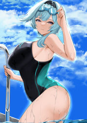 1girl absurdres bare_shoulders black_hairband black_one-piece_swimsuit blue_hair blue_sky blush breasts competition_swimsuit eula_(genshin_impact) genshin_impact goggles goggles_on_head hairband highleg highleg_swimsuit highres large_breasts looking_at_viewer medium_hair one-piece_swimsuit pool_ladder purple_eyes sidelocks sky smile solo swimsuit thighs tian_kazuki water wet rating:Sensitive score:35 user:danbooru