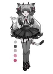  1girl animal_ears blunt_bangs bow brooch cat_ears cat_tail color_guide dress fangs fingernails frilled_dress frills full_body garter_straps greyscale hair_bow hand_in_own_hair hand_up heterochromia highres holding_own_tail horns jewelry legs_together long_fingernails long_hair looking_at_viewer mole mole_under_mouth monochrome neck_ribbon open_mouth original pink_eyes puffy_short_sleeves puffy_sleeves revision ribbon shiona_(siona0625) shoes short_dress short_sleeves simple_background solo spot_color standing straight-on tail thighhighs very_long_hair white_background zettai_ryouiki 