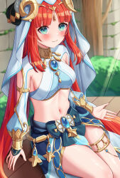  1girl aqua_eyes blue_skirt blush breasts brooch commentary crop_top genshin_impact highres jewelry long_hair looking_at_viewer midriff mikoto_(0709mikoto) navel neck_ring nilou_(genshin_impact) red_hair sitting skirt small_breasts smile solo stomach thighlet thighs veil very_long_hair 
