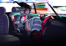 1girl black_hair boots car disney glasses highres motor_vehicle ryuusei_(mark_ii) solo striped_clothes striped_thighhighs thighhighs vanellope_von_schweetz wreck-it_ralph  rating:Sensitive score:22 user:twilight_jester