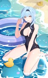 1girl absurdres alternate_costume black_one-piece_swimsuit blue_hair blush breasts cleavage_cutout clothing_cutout day eula_(genshin_impact) full_body genshin_impact hand_on_ground hand_up highres innertube kazezz large_breasts looking_at_viewer medium_hair one-piece_swimsuit open_mouth partially_submerged red_eyes rubber_duck seiza sitting slime_(genshin_impact) solo sweatdrop swim_ring swimsuit 