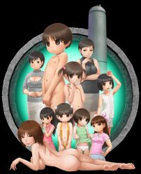  1boy 6+girls anda_(pennyroyal_tea) arm_under_breasts arm_up ass back barefoot black_hair blunt_bangs blush breast_cutout breasts brown_eyes brown_hair closed_mouth clothes_lift completely_nude covering_privates covering_breasts covering_crotch dress dress_lift earrings feet finger_to_own_chin flat_chest flatcheez green_dress hair_bobbles hair_ornament hair_ribbon hand_on_own_hip highres jewelry large_breasts lifted_by_self lips loli long_hair looking_at_viewer looking_back lying mature_female medium_hair multiple_girls navel nipples nude on_side one-piece_swimsuit orange_one-piece_swimsuit original panties pink_dress pink_ribbon pink_shirt polka_dot polka_dot_panties ribbon shirt short_hair short_sleeves short_twintails shota sideboob skirt sleeveless slingshot_swimsuit smile soles swimsuit thighs toes twintails underwear white_panties 