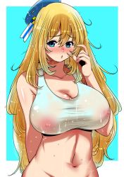 10s 1girl :o atago_(kancolle) bare_shoulders blonde_hair blue_eyes blush breasts cleavage covered_erect_nipples crop_top full-face_blush hat huge_breasts kantai_collection large_breasts long_hair looking_at_viewer navel nipples open_mouth perepere-kun see-through see-through_silhouette shirt solo tank_top taut_clothes taut_shirt wet wet_clothes rating:Questionable score:42 user:danbooru