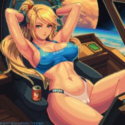  1girl alternate_costume armpits arms_behind_head arms_up bare_shoulders blinking blonde_hair blue_eyes blue_sports_bra breasts cameltoe can cockpit collarbone commentary covered_erect_nipples english_commentary itzah large_breasts long_hair looking_at_viewer lying metroid mole mole_under_mouth navel nintendo on_back panties patreon_username pixel_art planet ponytail samus_aran sidelocks solo space sports_bra stomach sweat thighs underwear white_panties 