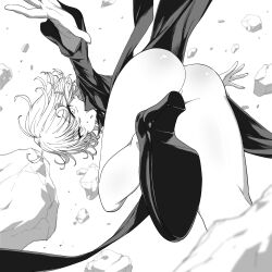  1girl ass bare_legs black_dress clip_studio_paint_(medium) curly_hair dress flipped_hair floating floating_object floating_rock high_heels highres intensify_0 levitation long_sleeves looking_at_viewer medium_hair monochrome no_panties one-punch_man open_mouth petite side_slit solo tatsumaki thighs  rating:Questionable score:56 user:danbooru