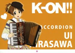  1girl absurdres accordion artist_request blush comiket_79 hat highres hirasawa_ui instrument k-on! music official_art open_mouth plaid plaid_skirt playing_instrument scan simple_background skirt smile solo 