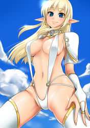1girl bad_id bad_pixiv_id blonde_hair blue_eyes blush breasts bridal_gauntlets cloud day earrings elf gold_edging hand_on_own_hip jewelry large_breasts long_hair original pochi_(pochi-goya) pointy_ears shiny_skin sidelocks sky slingshot_swimsuit smile solo sun swimsuit thighhighs white_thighhighs rating:Questionable score:36 user:danbooru
