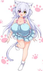  1girl absurdres animal_ear_fluff animal_ears bad_id bad_pixiv_id breasts cat_ears cat_tail cleavage fang hayana_neru heterochromia highres huge_breasts long_hair miniskirt open_mouth original paw_print paw_print_background pleated_skirt purple_eyes silver_hair simple_background skirt smile socks solo tail tank_top very_long_hair yellow_eyes  rating:Sensitive score:23 user:danbooru