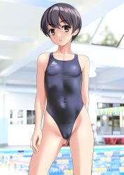 1girl absurdres black_hair black_one-piece_swimsuit breasts brown_eyes cameltoe commentary_request competition_swimsuit covered_navel cowboy_shot highleg highleg_swimsuit highres indoors lane_line one-piece_swimsuit original parted_lips pool short_hair small_breasts solo standing string_of_flags swimsuit takafumi tomboy  rating:Sensitive score:7 user:danbooru