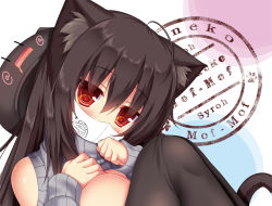  1girl animal_ears animal_hat black_hair blush breasts cat_ears cat_tail clothing_cutout hat large_breasts long_hair looking_at_viewer mask mia_flatpaddy mouth_mask original red_eyes shoulder_cutout slit_pupils syroh tail 