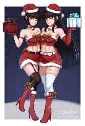 2girls absurdres artist_name bare_shoulders bell belt black_hair black_thighhighs blunt_bangs boots border breasts christmas cleavage clenched_teeth collarbone commentary cslucaris elbow_gloves english_commentary full_body fur_trim garter_straps gift gloves green_eyes grin hand_on_another&#039;s_waist hand_up hat high_heels highres holding holding_gift knee_boots legs_together long_hair looking_at_viewer medium_breasts melanie_malachite miltiades_malachite multiple_girls navel neck_bell night outdoors patreon_username red_footwear red_gloves red_skirt rwby santa_hat short_hair siblings sisters skirt sky smile standing standing_on_one_leg star_(sky) starry_sky teeth thighhighs twins white_border white_thighhighs 