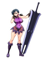  1girl apron black_gloves black_hair boots breasts cattleya_(queen&#039;s_blade) cattleya_(queen's_blade) covered_navel flower full_body glasses gloves hair_flower hair_ornament hand_on_own_face holding holding_sword holding_weapon huge_breasts huge_weapon impossible_clothes leotard low_ponytail lowres mature_female muscular muscular_female no_pants pixel_art ponytail queen&#039;s_blade smile solo standing sword t.s. weapon weapon_merchant_cattleya  rating:Sensitive score:25 user:danbooru