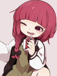  1girl black_nails bocchi_the_rock! chibi drink drinking drinking_straw highres hiroi_kikuri holding holding_drink jacket one_eye_closed open_mouth red_hair simple_background solo yknsugar 