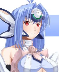  1girl ahoge android arcedo bare_shoulders blue_hair breasts commission expressionless forehead_protector kos-mos kos-mos_ver._4 long_hair looking_at_viewer nintendo red_eyes simple_background solo underboob very_long_hair xenoblade_chronicles_(series) xenosaga xenosaga_episode_iii  rating:Sensitive score:6 user:weegee489