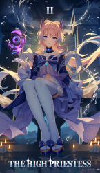  1girl absurdres blue_hair bow-shaped_hair breasts bshi_edayo candle choker colored_tips commentary_request detached_collar detached_sleeves floating_hair frilled_sleeves frills full_body genshin_impact gloves gradient_hair half_gloves hand_up highres lace-trimmed_choker lace_trim long_hair long_sleeves looking_at_viewer multicolored_hair parted_lips pink_hair purple_eyes sangonomiya_kokomi shorts sitting small_breasts solo thighhighs vision_(genshin_impact) water weapon white_gloves white_shorts white_thighhighs wide_sleeves 