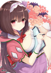1girl bad_id bad_pixiv_id bat_(animal) blush bow bowtie breast_lift breast_press breasts brown_hair cleavage drawing_tablet fate/grand_order fate_(series) floral_background hairband high-waist_skirt holding knees_up large_breasts long_hair looking_at_viewer looking_to_the_side osakabehime_(fate) over-kneehighs pink_skirt red_bow red_bowtie red_eyes shiny_skin short_sleeves sitting skirt solo stylus tareme thighhighs thighs two-tone_hairband very_long_hair white_thighhighs yuzu-aki rating:Sensitive score:4 user:danbooru