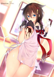 10s 1girl ahoge blue_eyes blush braid breasts brown_hair chocolate chocolate_on_body chocolate_on_breasts clothes_lift curvy food_on_body hair_between_eyes hair_flaps hair_over_shoulder highres kantai_collection long_hair looking_at_viewer mouth_hold neckerchief no_panties obiwan red_neckerchief see-through_silhouette shigure_(kancolle) shigure_kai_ni_(kancolle) shirt_lift single_braid small_breasts solo spatula wide_hips rating:Questionable score:17 user:danbooru