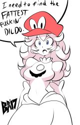 1girl bigdead blue_eyes breasts cappy_(mario) commentary cowboy_shot curly_hair dress elbow_gloves english_text gloves hat highres long_hair looking_at_viewer mario mario_(series) medium_breasts nintendo open_mouth possessed princess_peach profanity puffy_short_sleeves puffy_sleeves red_hat sanpaku short_sleeves signature simple_background solo spot_color standing super_mario_odyssey white_background rating:Sensitive score:30 user:danbooru
