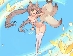  1girl :3 ;d animal_ears arm_up armpits player_character_(mabinogi) bent_over bikini blue_background blue_borscht blush_stickers bug butterfly choker commission crossed_ankles earrings fang flat_chest fox_ears fox_tail front-tie_bikini_top front-tie_top green_eyes highres insect jewelry long_hair long_legs mabinogi multiple_tails navel one_eye_closed open_mouth ribbon side-tie_bikini_bottom simple_background smile solo string_bikini swimsuit tail thighhighs twintails very_long_hair w white_bikini white_thighhighs wrist_ribbon  rating:Sensitive score:258 user:danbooru
