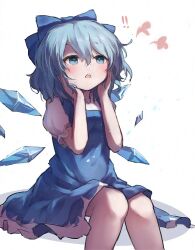  ! !! 1girl ar_(maeus) blue_bow blue_dress blue_eyes blue_hair blush bow cirno collared_shirt detached_wings dress fairy feet_out_of_frame hair_between_eyes hair_bow ice ice_wings open_mouth pinafore_dress shirt short_hair short_sleeves simple_background sleeveless sleeveless_dress solo touhou white_background white_shirt wings 