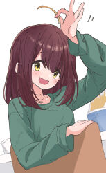  absurdres blush chair collarbone food french_fries green_shirt highres holding holding_chair holding_food kootee-on long_sleeves looking_at_viewer medium_hair shirt toki_ayano twisted_torso yellow_eyes yurucamp 