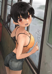  1girl against_glass ai_ai_gasa ass black_hair blush breasts camisole cleavage commentary_request dated fang gaki_kyonyuu grey_shorts highres indoors kaedeko_(kaedelic) large_breasts looking_at_viewer midriff open_mouth oppai_loli rain red_eyes sasaki_kanna_(kaedeko) short_hair shorts signature solo thighs twintails window yellow_camisole  rating:Sensitive score:228 user:danbooru