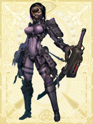  1girl armor belt black_hair black_mask bodysuit chain_paradox covered_navel full_body hetza_(hellshock) holding holding_weapon looking_at_viewer mask medium_hair mouth_mask purple_bodysuit purple_eyes science_fiction sheath sheathed solo standing sword tight_clothes weapon yellow_background  rating:Sensitive score:11 user:danbooru