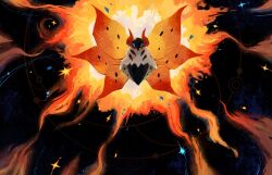 animal_focus blue_eyes bug creatures_(company) fire fluffy from_above game_freak gen_5_pokemon glint horns insect moth nintendo no_humans pokemon pokemon_(creature) red_horns space sparkle star_(sky) sun volcarona wings yuzhongwho