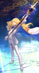  1boy ascot blonde_hair blue_ascot blue_cape blue_eyes buttons cape collared_shirt fate/grand_order fate_(series) formal gloves hair_between_eyes highres holding holding_staff jacket kirschtaria_wodime long_hair long_sleeves magic_circle open_clothes open_jacket open_mouth pants shirt staff studded_jacket suit swallow165 two-sided_cape two-sided_fabric white_cape white_footwear white_gloves white_pants white_shirt white_suit 
