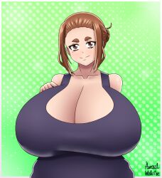  1girl absurdres azraelwebster breasts brown_eyes brown_hair cleavage female_focus gigantic_breasts highres kaii_to_otome_to_kamikakushi looking_at_viewer matching_hair/eyes mole mole_under_eye ogawa_sumireko short_eyebrows short_hair solo upper_body 