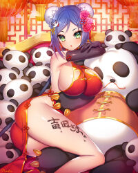 1girl arcana_heart ass bare_shoulders black_gloves blue_hair blush body_writing breasts bun_cover china_dress chinese_clothes commission commissioner_name double_bun dress elbow_gloves flower gloves green_eyes hair_bun hair_flower hair_ornament highres large_breasts looking_at_viewer mei-fang munlu_(wolupus) pink_flower pink_rose red_dress rose side_slit sideboob skeb_commission sleeveless sleeveless_dress solo stuffed_animal stuffed_panda stuffed_toy thighs
