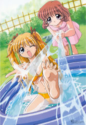 2girls ;d amano_mishio barefoot bikini blonde_hair blue_eyes day dress dutch_angle feet highres hose kanon key_(company) leaning_forward multiple_girls navel official_art one_eye_closed oonishi_youichi open_mouth partially_submerged purple_eyes red_hair sawatari_makoto scan short_hair sitting smile soles splashing swimsuit toes twintails two_side_up wading_pool water wink rating:Questionable score:9 user:danbooru