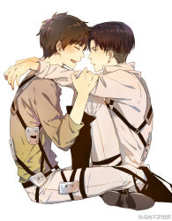 2boys black_footwear black_hair blush boots brown_hair eren_yeager feiqiuxuan foot_out_of_frame from_side hands_on_another&#039;s_arms hug levi_(shingeki_no_kyojin) looking_at_another male_focus multiple_boys open_mouth shingeki_no_kyojin simple_background smile squatting teeth third-party_source three-dimensional_maneuver_gear undercut weibo_watermark white_background yaoi
