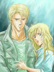 1980s_(style) 1boy 1girl animification bad_id bad_pixiv_id blonde_hair blue_eyes buttons coat hetero hug jacket kyle_reese long_hair manly oldschool retro_artstyle sarah_connor serious sleeves_rolled_up terminator_(series) the_terminator traditional_media trench_coat worried yukki_(rffcq251)