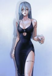  04idontexist 1girl artist_name bare_shoulders black_dress blue_nails breasts cleavage collarbone curvy cutout cutout_above_navel dress ear_piercing earrings female_focus fingernails hair_between_eyes heterochromia highres jewelry jujutsu_kaisen logo long_fingernails long_hair looking_at_viewer mahito_(jujutsu_kaisen) medium_breasts nail_polish piercing scar scar_across_the_face scar_on_arm scar_on_face scar_on_forehead scar_on_leg scar_on_neck scar_on_thigh shadow shoulderless_dress side_slit sidelocks sleeveless sleeveless_dress solo textless_version  rating:Questionable score:22 user:AssistantTagger11