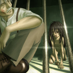 1boy 1girl bad_id bad_pixiv_id bars blood breasts brown_eyes brown_hair cage dirty facial_hair fangs feral_child glowing glowing_eyes glowing_pupils grey_hair injury loli long_hair messy_hair mustache nipples nude original pussy skyape small_breasts uncensored very_long_hair
