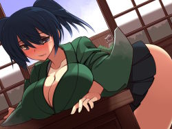 1girl blue_eyes blue_hair breast_rest breasts cleavage curvy desk highres japanese_clothes kantai_collection large_breasts long_sleeves solo souryuu_(kancolle) tears thighs twintails ueda_katsuhito wide_sleeves rating:Sensitive score:14 user:danbooru