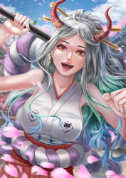  1girl absurdres aqua_hair artist_name bare_shoulders carelineart clenched_hand club club_(weapon) commentary curled_horns earrings english_commentary facebook_username fangs hair_ornament hair_stick highres holding holding_weapon hoop_earrings horns jewelry kanabou long_hair looking_at_viewer multicolored_hair one_piece oni open_mouth orange_eyes orange_horns outdoors ponytail realistic red_horns rope shimenawa smile solo teeth two-tone_hair weapon white_hair yamato_(one_piece) 