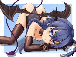 1girl areola_slip arm_rest armpit_crease black_leotard blue_eyes blue_hair blush braid breasts brown_dust_2 brown_gloves brown_thighhighs crossed_arms demon_girl demon_tail elbow_gloves eyebrows_hidden_by_hair feet_out_of_frame frown gloves hair_between_eyes head_wings highres kawaseri1 leotard long_hair looking_at_viewer low_wings mushoku_tensei roxy_migurdia shadow simple_background skindentation small_breasts solo tail thighhighs top-down_bottom-up twin_braids wings 