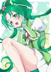 1girl akimoto_komachi arm_warmers bike_shorts_under_skirt brooch butterfly_brooch butterfly_hair_ornament cure_mint green_background green_eyes green_theme hair_ornament highres jewelry long_hair looking_at_viewer magical_girl mikorin open_mouth precure puffy_short_sleeves puffy_sleeves short_sleeves skirt smile yes!_precure_5 yes!_precure_5_gogo!